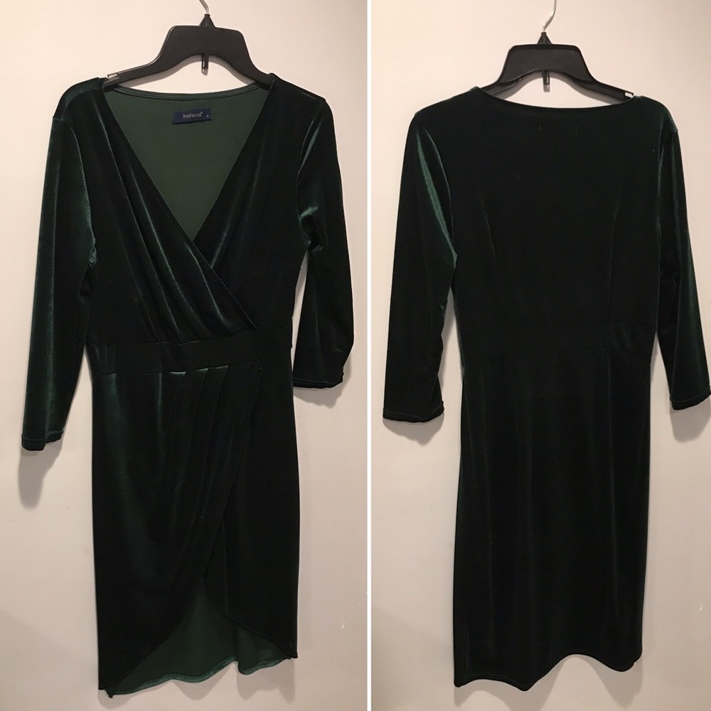 Emerald Green Velvet Faux Wrap Cocktail Dress